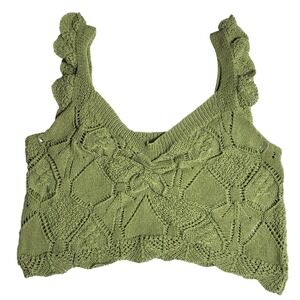 Dreamers by Debut Green Crochet Ruffle‎ Strap Crop Top XL Cottagecore Boho